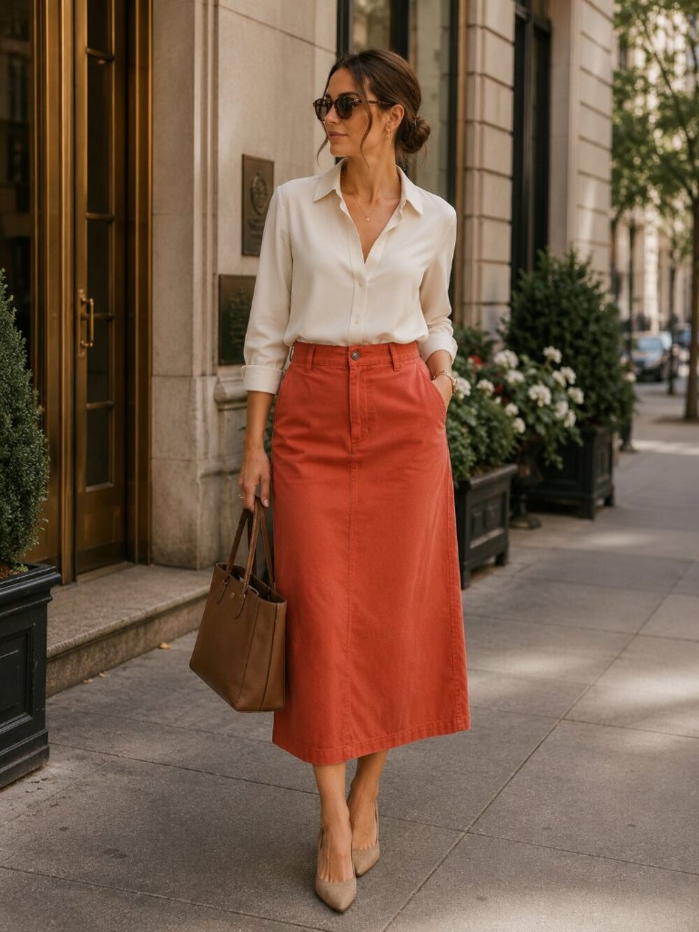 100% Cotton Rust Orange Midi Skirt 10 Quiet Luxury A Line Christopher & Banks - Picture 3 of 6